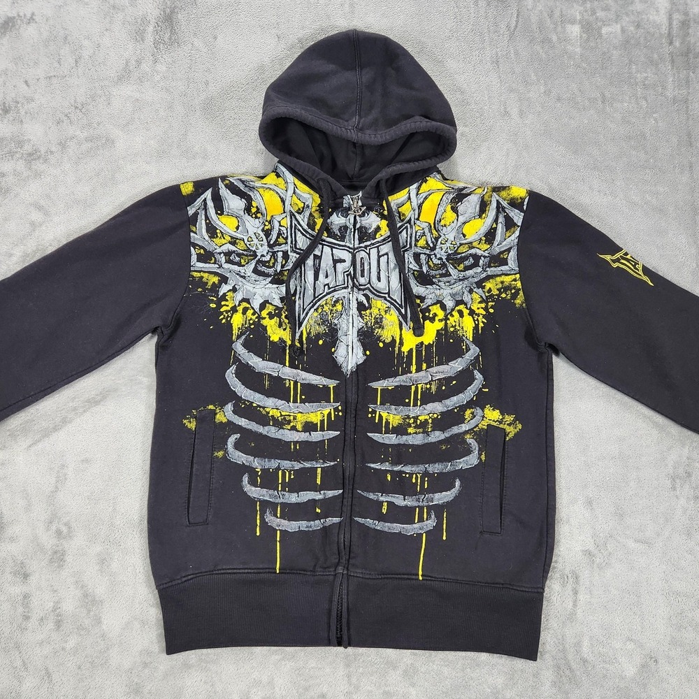 Tapout Hoodie Sweatshirt Mens Medium Black Full Zip Skull Y2K Vintage Ribcage - Picture 2 of 13